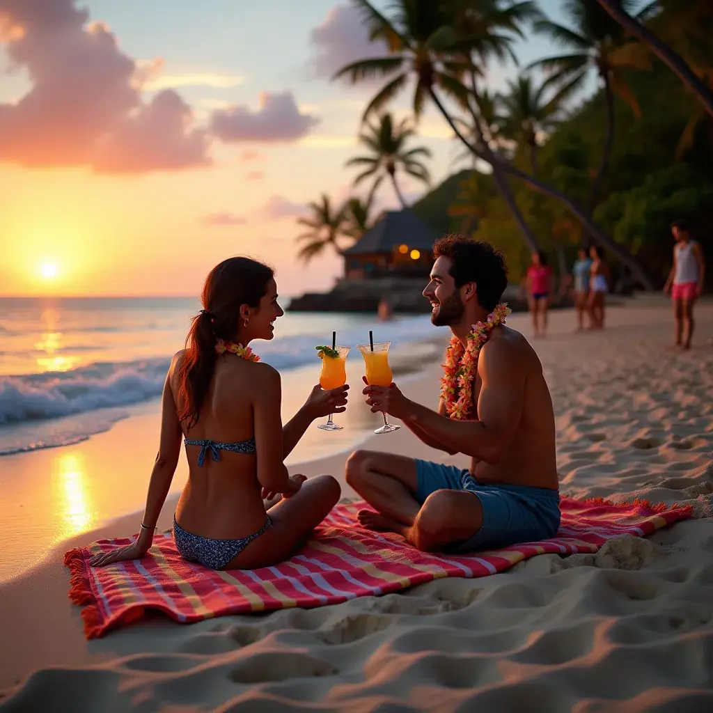 Luksusowy bungalow na plaży otoczony tropikalną roślinnością.